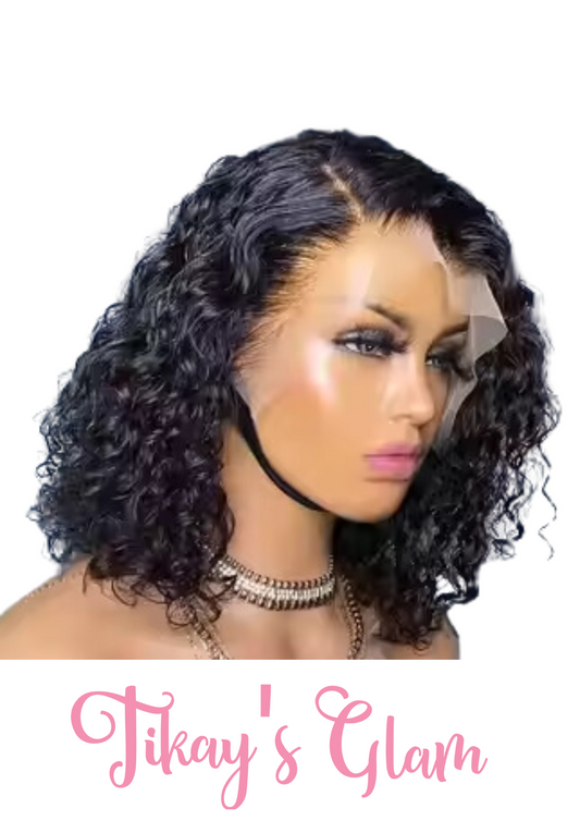 Pre-Plucked lace front human hair WATER WAVE bob Wig 1B