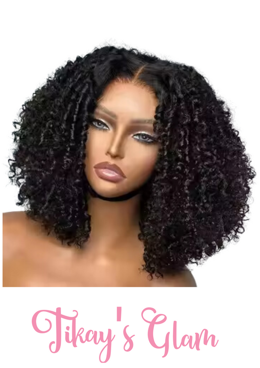 Pre-Plucked lace front human hair PIXY CURLY bob Wig 1B