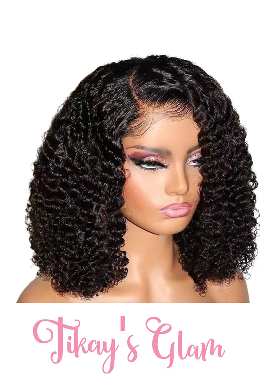 Pre-Plucked lace front human hair JERRY CURLY bob Wig 1B