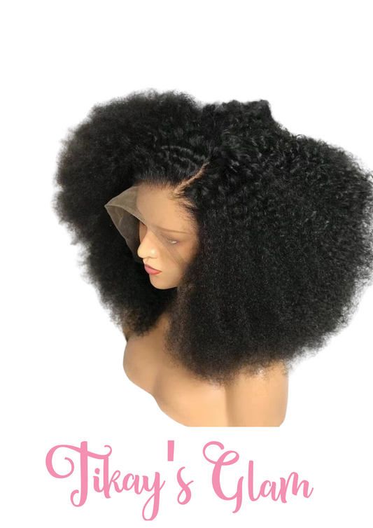 Pre-Plucked lace front human hair AFRO KINKY bob Wig  COLOR 1B